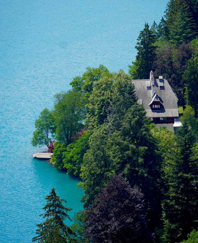 A house among trees on the shore of a blue lake, seen from above